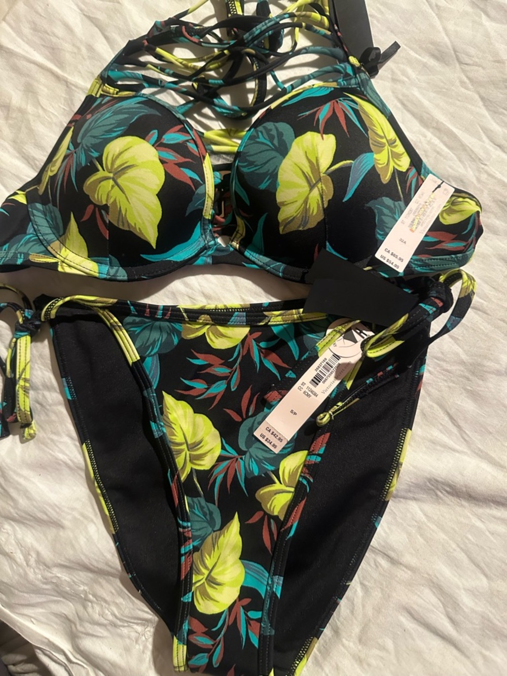 Victoria’s Secret Tropical Leaf Print Bikini Set - Yellow & Teal on Black 32A/S